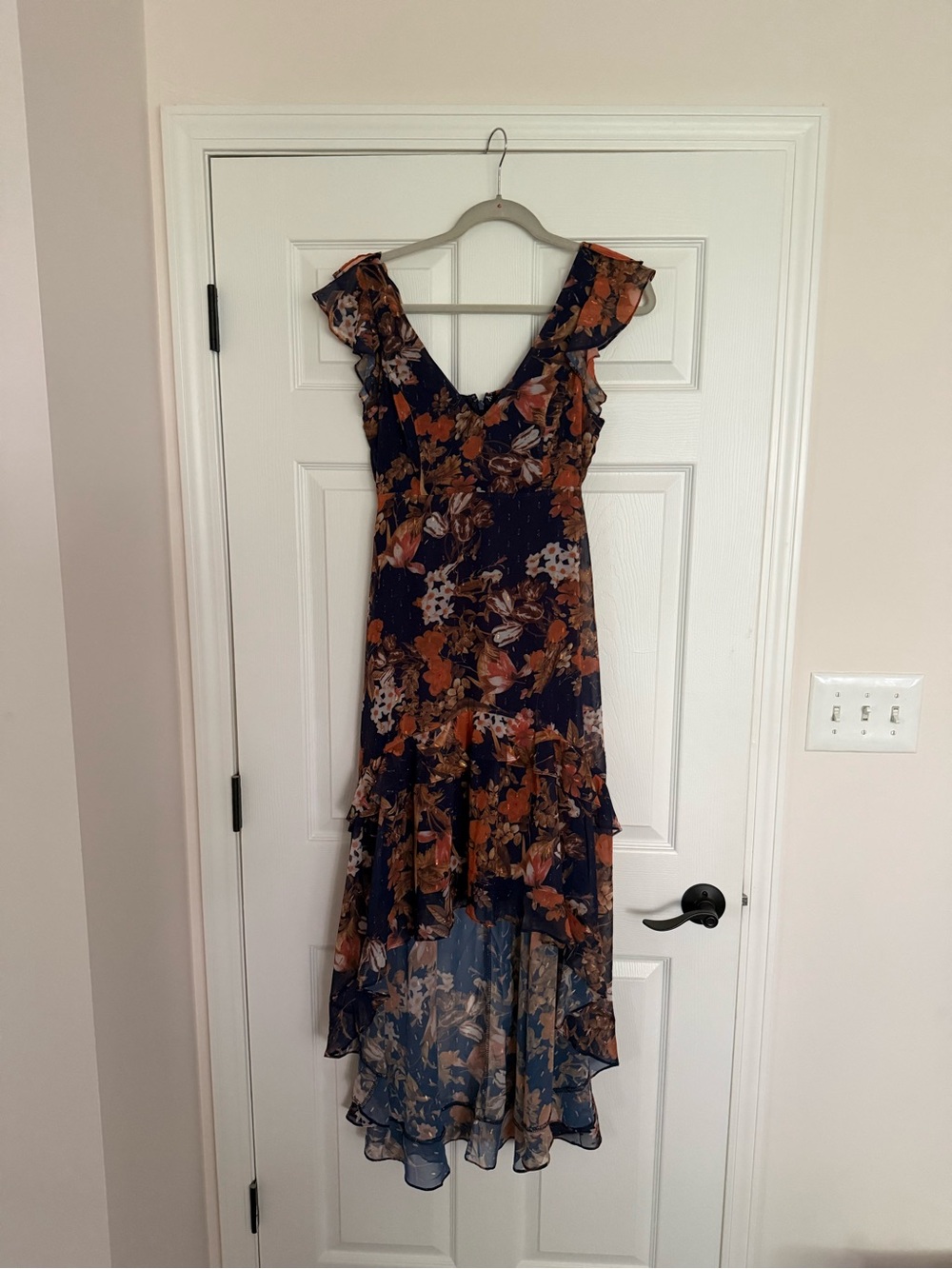 Lulu's Navy Floral High-Low Ruffle Dress with Rust and Cream Blooms - Picture 1 of 6
